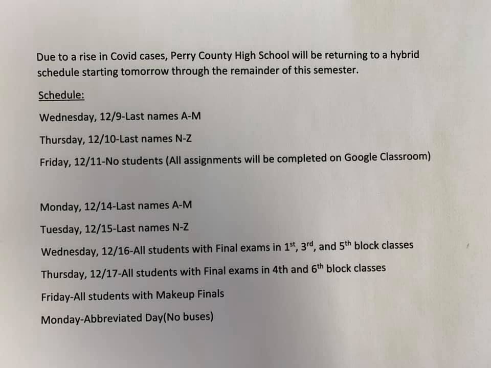 Perry County High School Hybrid schedule